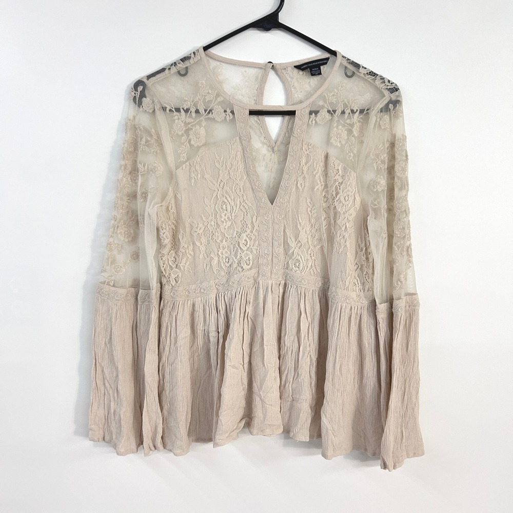 Peplum Babydoll Lace Blouse M Taupe Sheer Bell Sleeve Boho Fairy Romantic 2010s